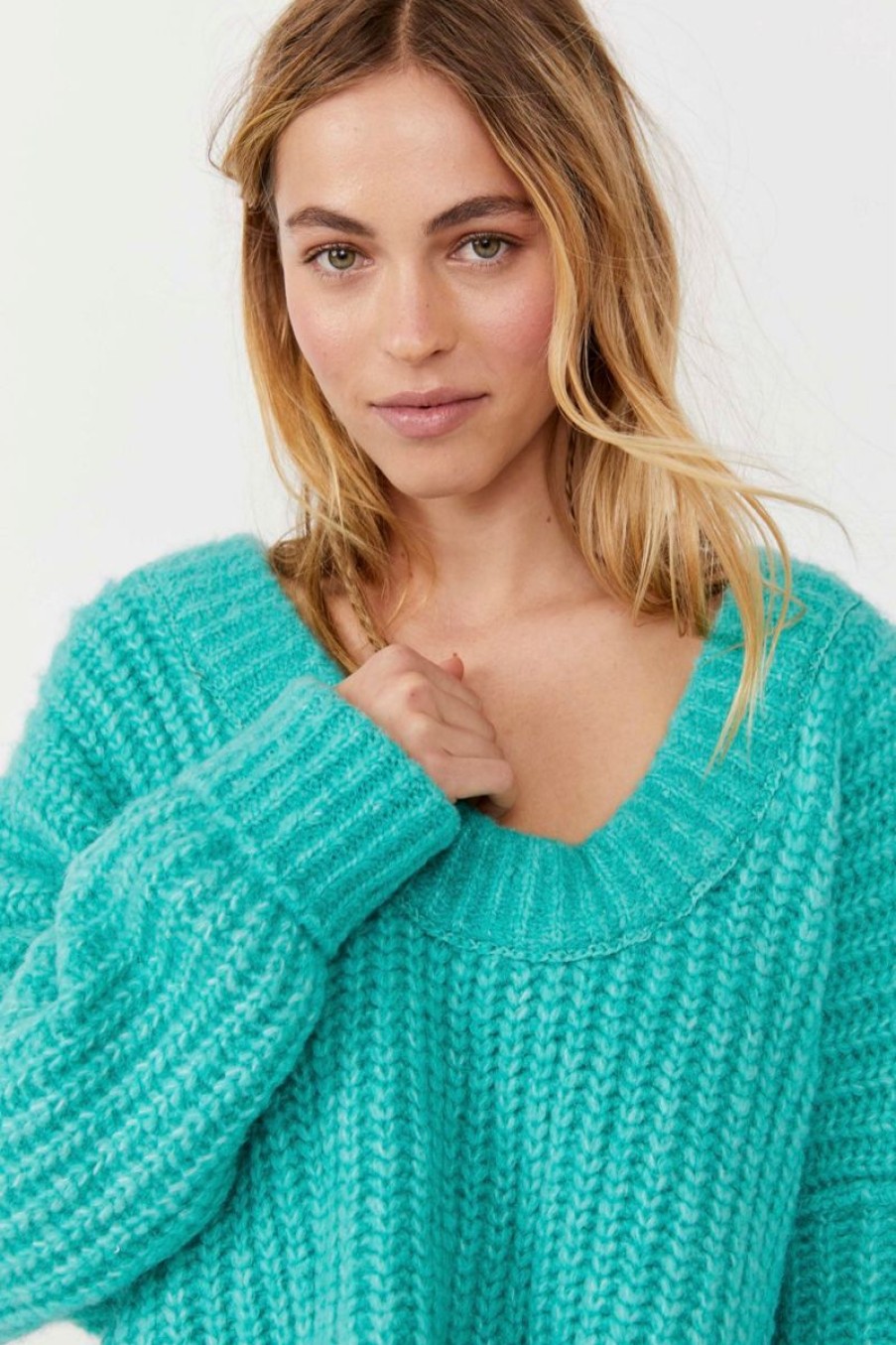 Women Aqua Bay Tops | Free People Blue Bell V Neck Sweater In Turquoise Electric Teal