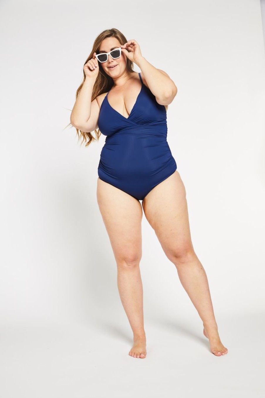 Women Aqua Bay One Piece Swimsuit | The Tina Ruched Lace-Up Back One Piece Swimsuit In Ocean Navy