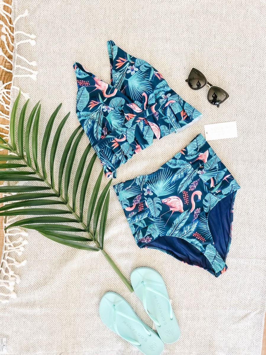 Women Aqua Bay Bikini Bottoms | The "Monroe" High Waist Pleated Bikini Bottom In Tropics