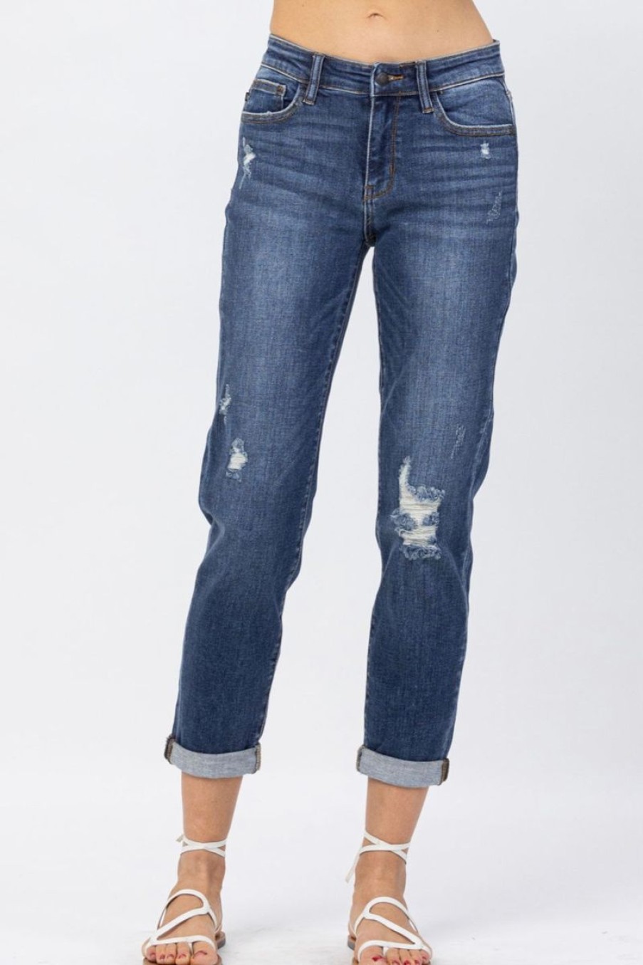 Women Aqua Bay Bottoms | Judy Blue Mid-Rise Dark Wash Boyfriend Jeans